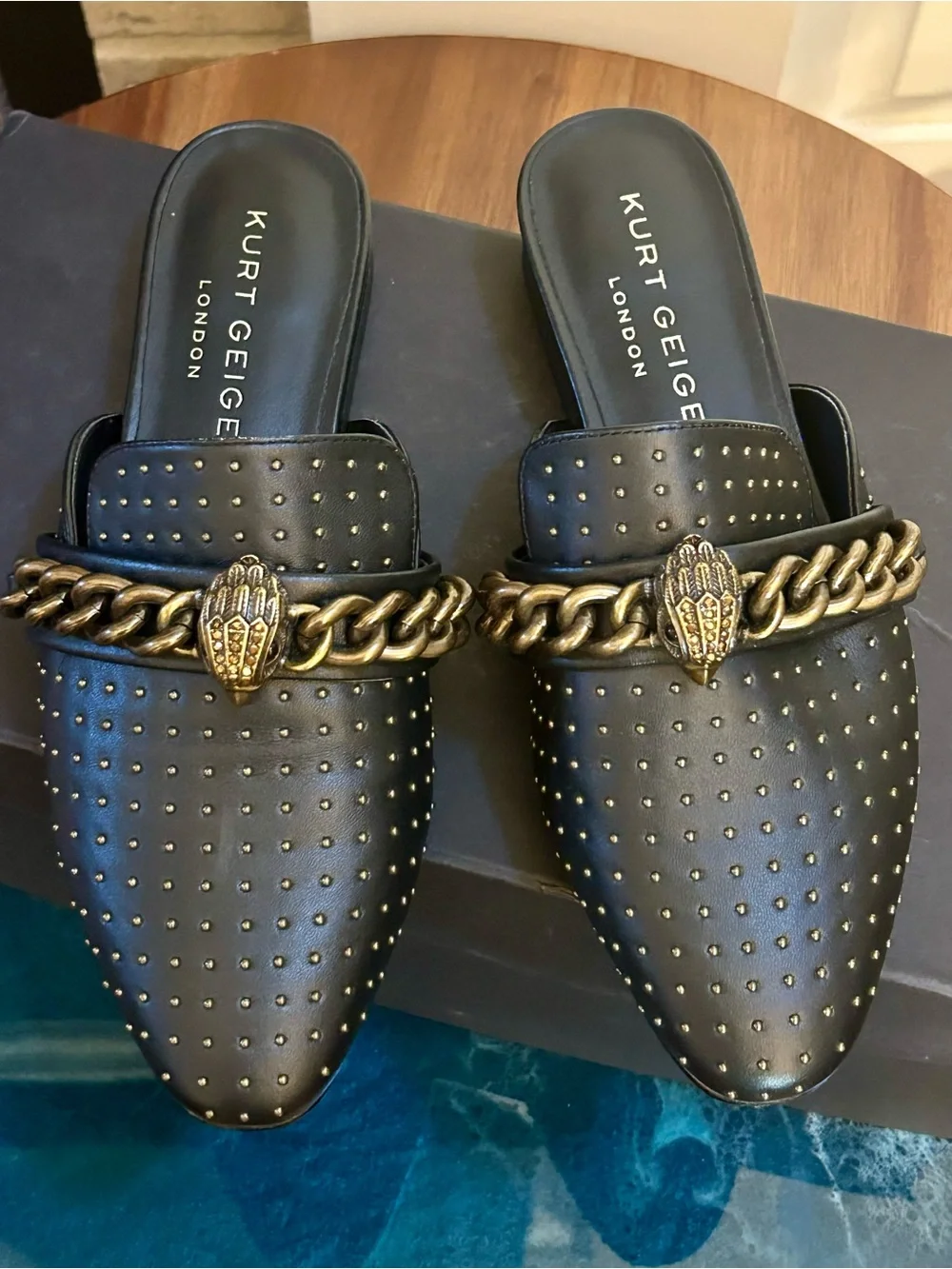 Kurt Keiger Chelsea Mules Black Leather Flats Size 5.5 US.